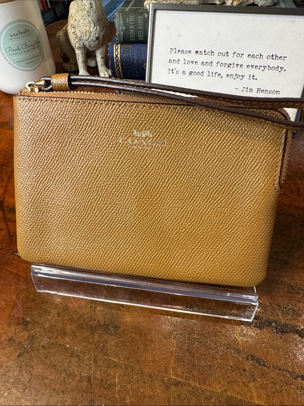 Coach Pebbled Leather Double Zip Wristlet - Camel Brown